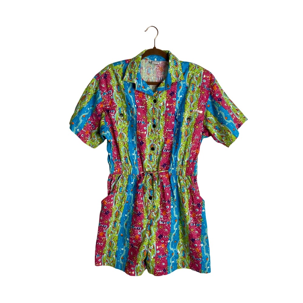 Vintage 80s Dreams Abstract Fish Romper XL Short Sleeve 90s Playsuit Jumpsuit